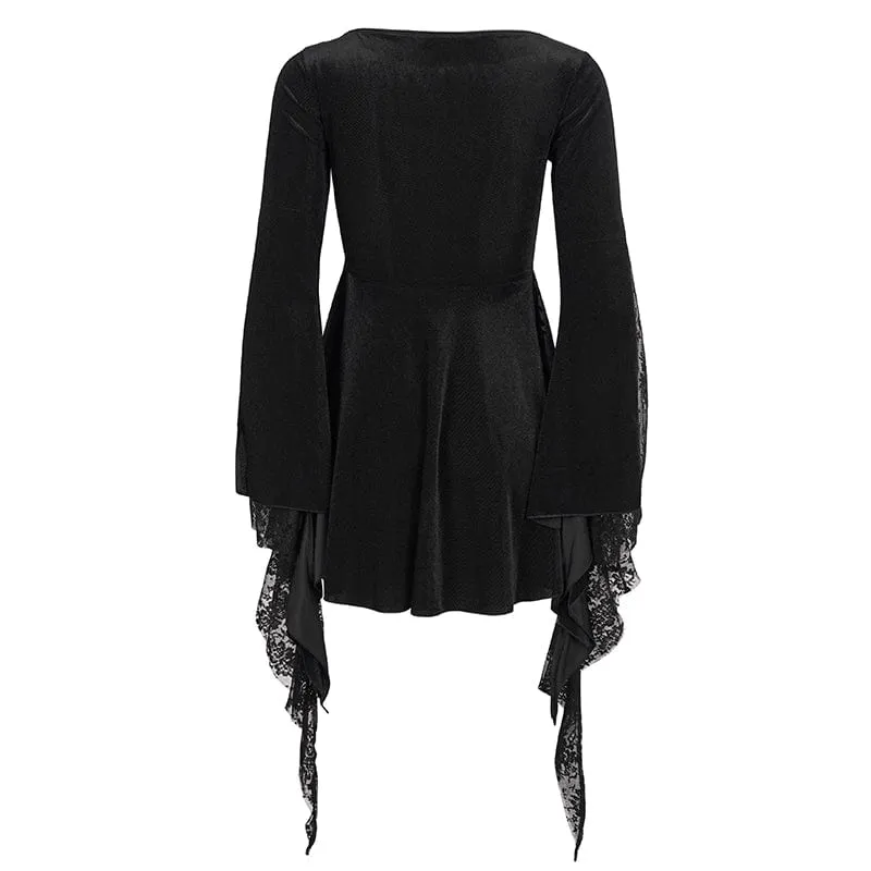 Damen Gothic Flared Sleeved Lace Splice Perlenhemd