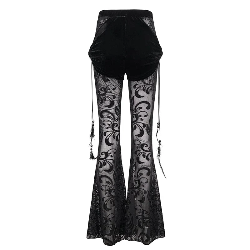 Damen Gothic Drawstring Mesh Splice Schlaghose