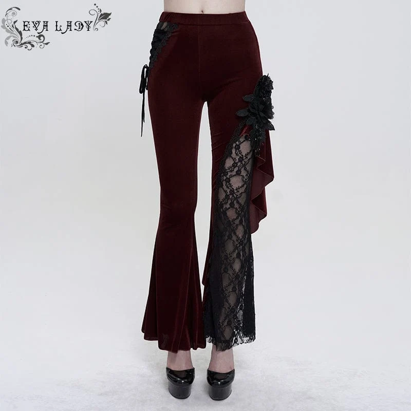 Damen Gothic Riemchen Spitze Splice Schlaghose Rot