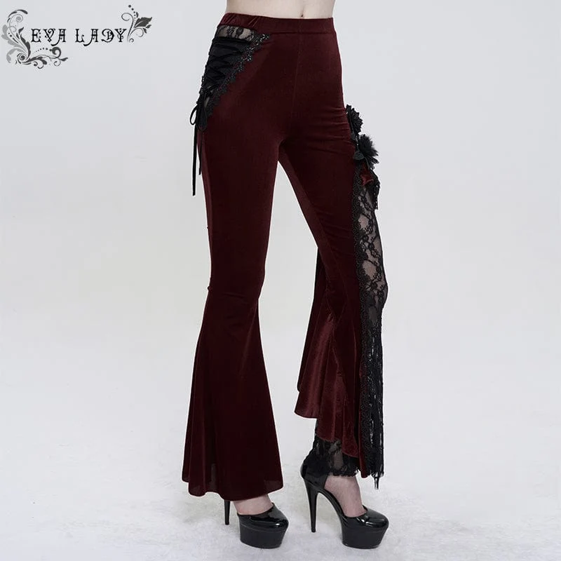 Damen Gothic Riemchen Spitze Splice Schlaghose Rot