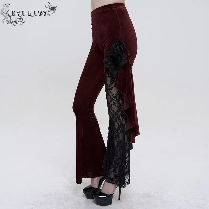 Damen Gothic Riemchen Spitze Splice Schlaghose Rot