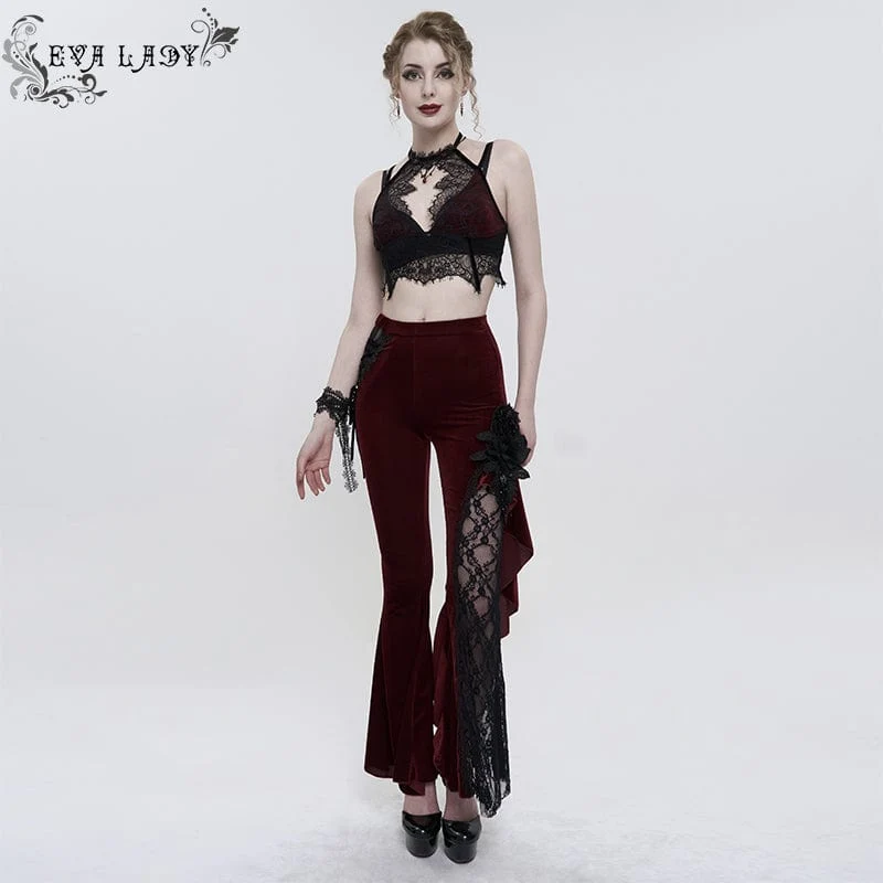 Damen Gothic Riemchen Spitze Splice Schlaghose Rot