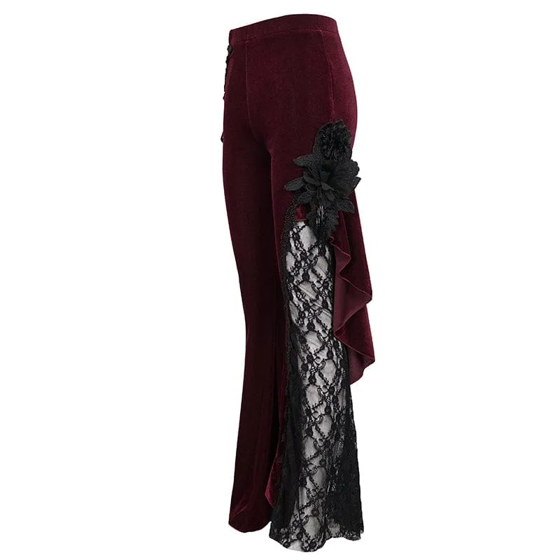 Damen Gothic Riemchen Spitze Splice Schlaghose Rot