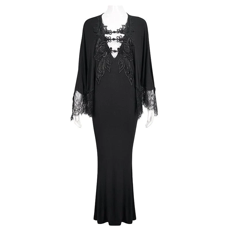 Gothic-Spitzenkleid mit Blumenstickerei und tiefem Ausschnitt für Damen