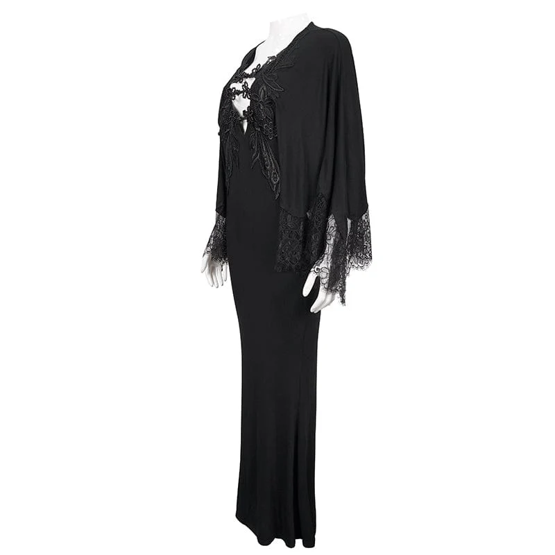 Gothic-Spitzenkleid mit Blumenstickerei und tiefem Ausschnitt für Damen