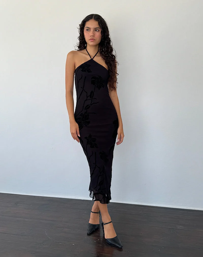 Ribka Midikleid mit Neckholder aus Orchideenflock Schwarz