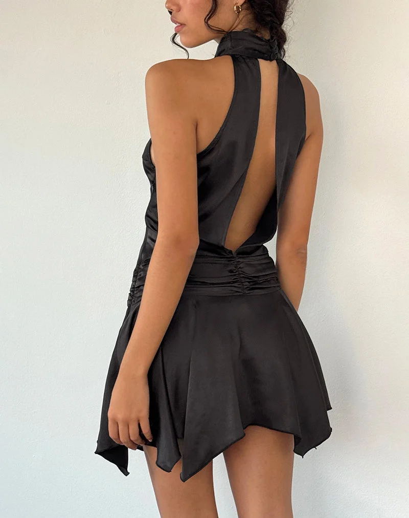 Hydri Satin Minikleid mit Rollkragen in Schwarz