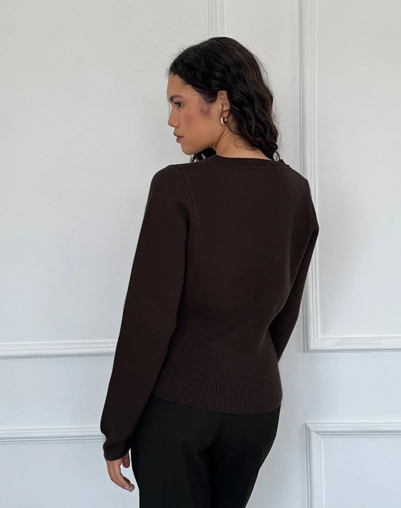 Subra Langarm-Strickjacke mit geripptem Saum in Bitterschokolade