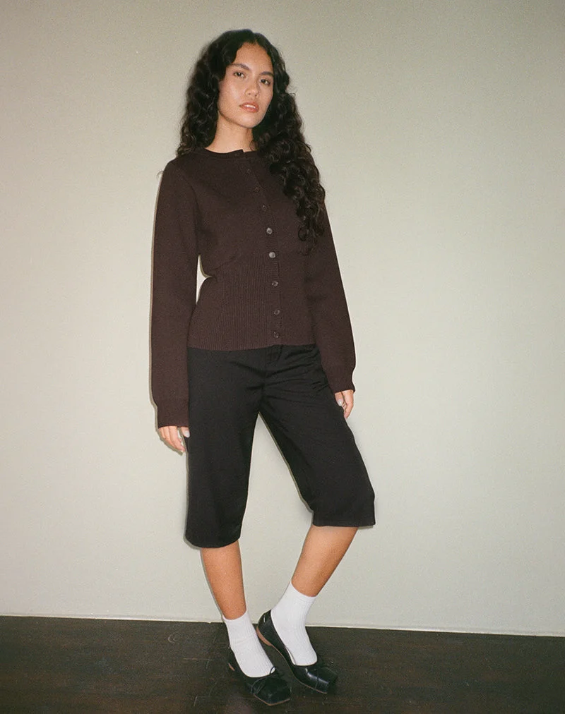 Subra Langarm-Strickjacke mit geripptem Saum in Bitterschokolade