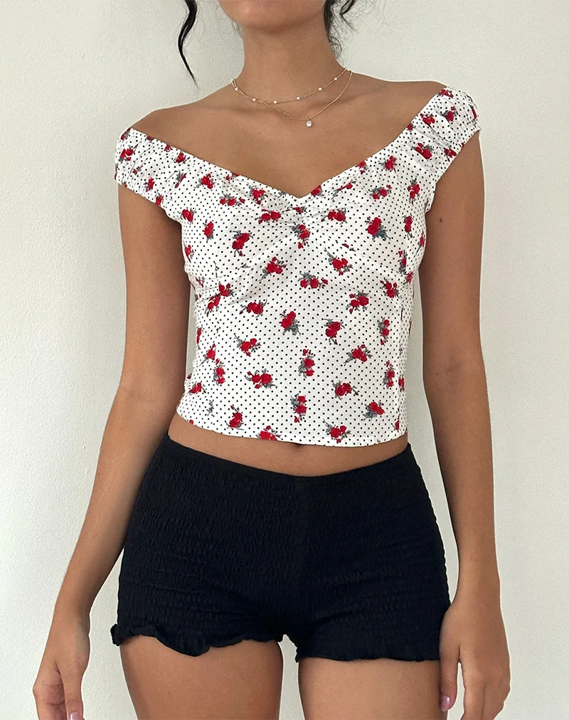 Derige Bardot Top in Weiß Rose Polka