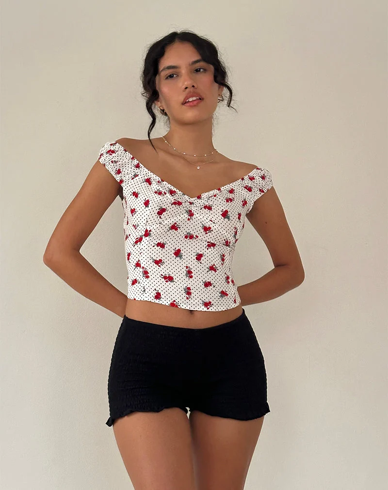 Derige Bardot Top in Weiß Rose Polka