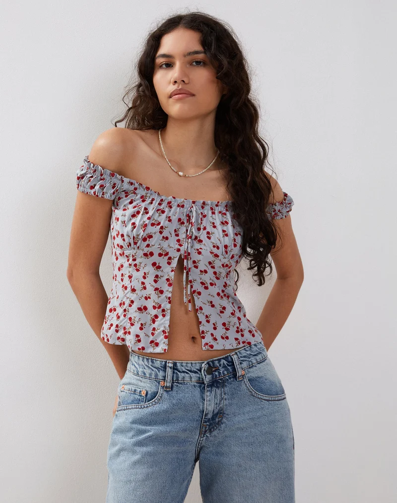 Citra Bardot-Rüschen-Top in Blau Floral Ditsy