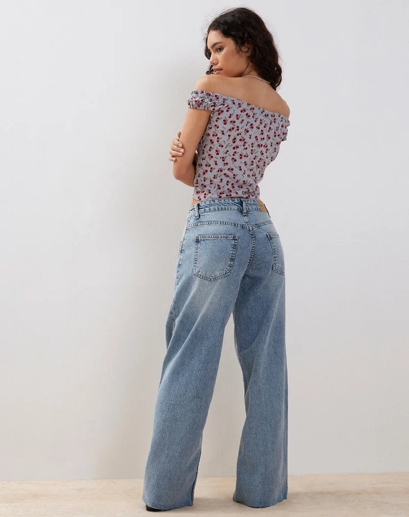Citra Bardot-Rüschen-Top in Blau Floral Ditsy