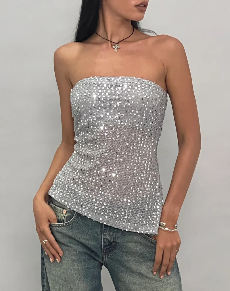 Brilia Bandeau-Top aus Paillettenstrick Silber