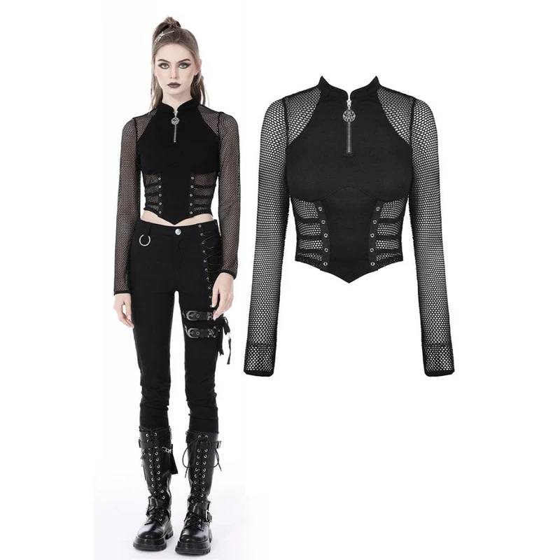 Damen Punk Mesh Splice Ösen Crop Top