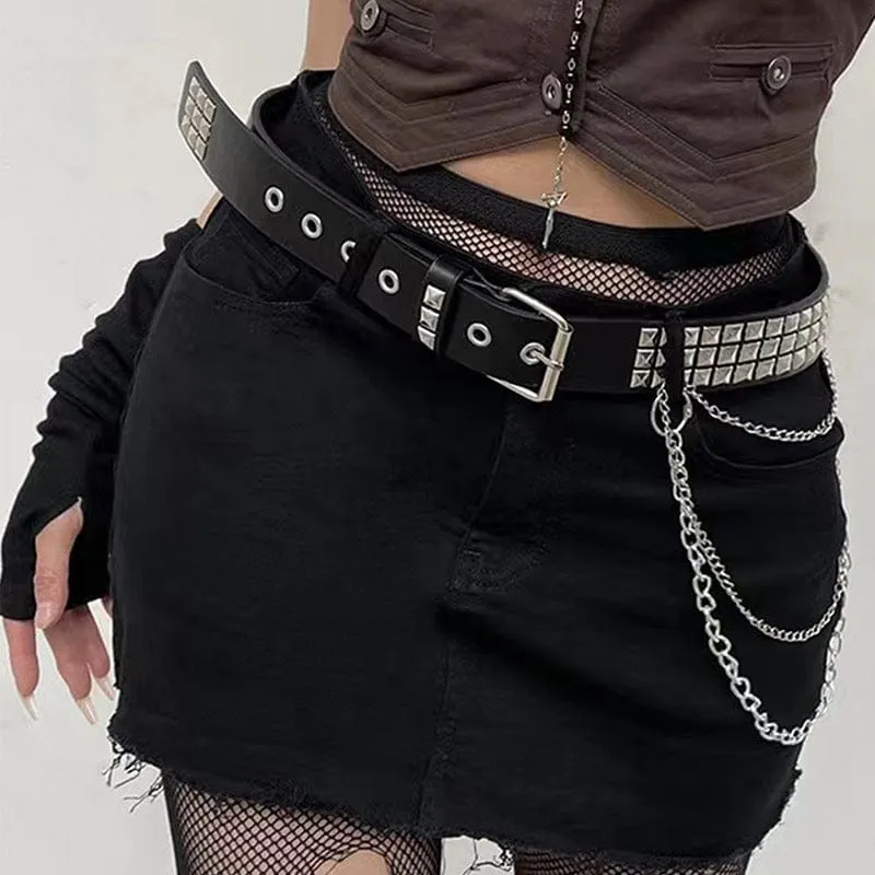 Damen Punk Rivets Kunstledergürtel mit Metallkette