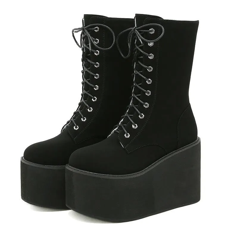 Damen-Punk-Wildleder-Schnür-Plateaustiefel