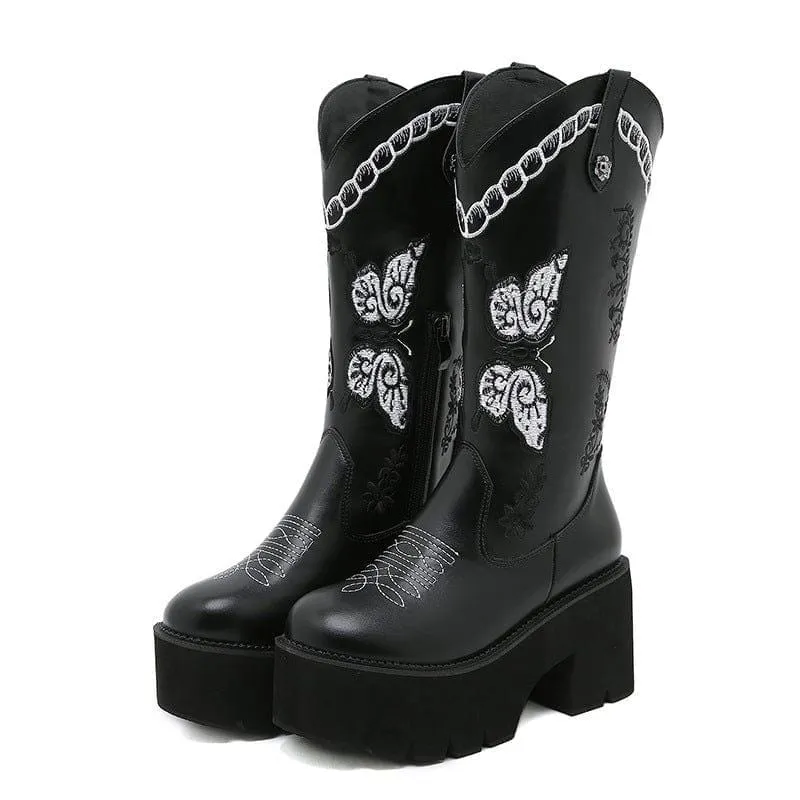 Buskin-Stiefel mit Punk-Schmetterlingsstickerei für Damen