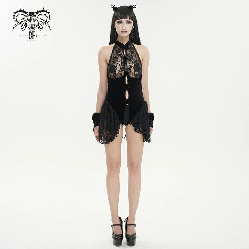 Damen-Dessous aus Gothic-Neckholder-Spitze und Samt mit Ärmeln