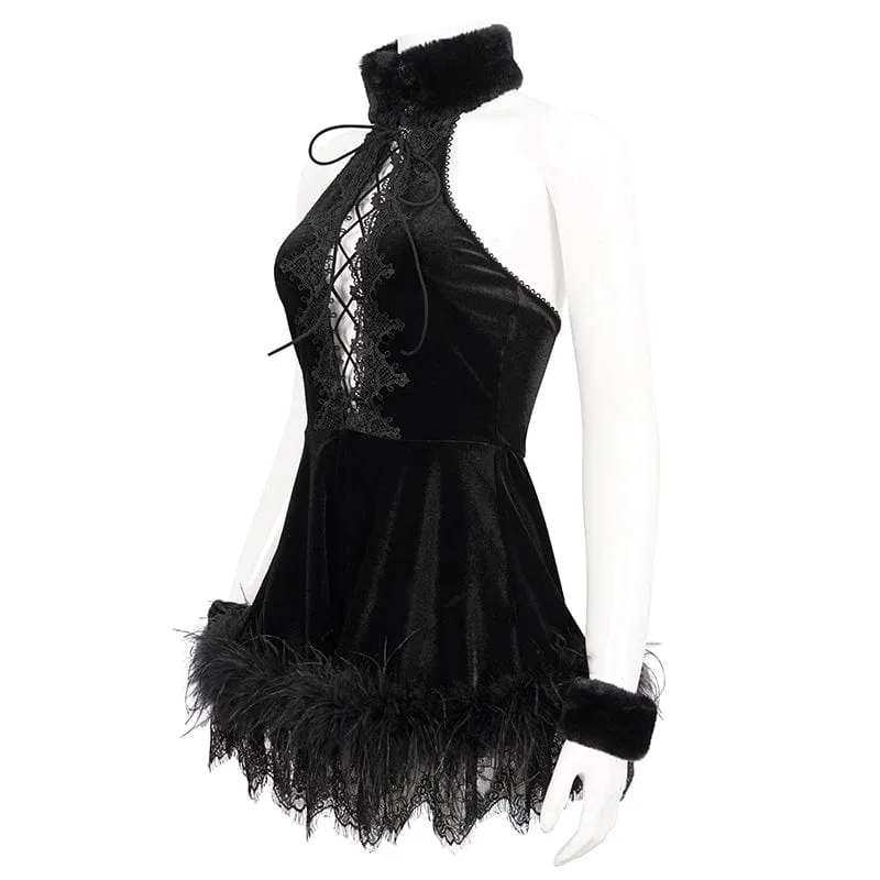 Gothic-Neckholder-Kleid aus flauschigem Splice-Samt für Damen
