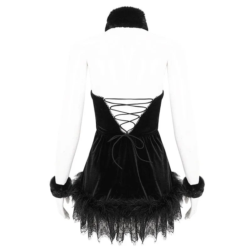 Gothic-Neckholder-Kleid aus flauschigem Splice-Samt für Damen