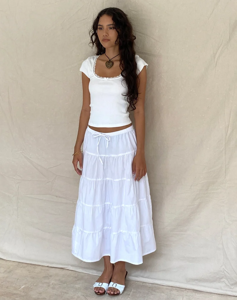 Bovillo Tee mit Spitzenbesatz aus geripptem Off White