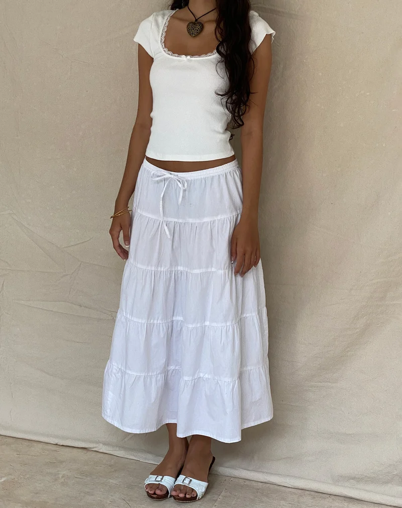 Bovillo Tee mit Spitzenbesatz aus geripptem Off White