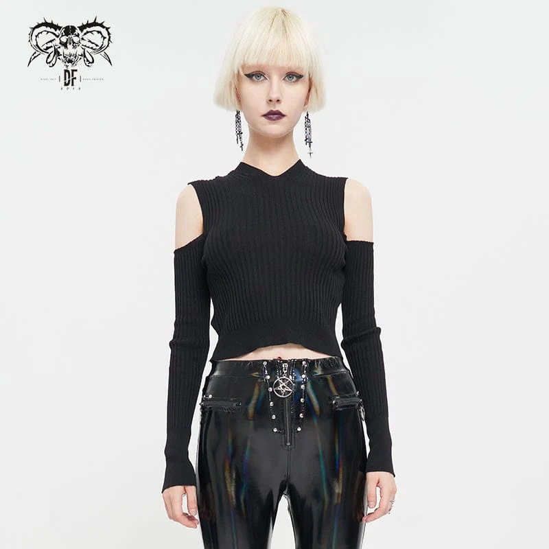 Damen Punk Off Shoulder Cutout Gestricktes Langärmliges Crop Top