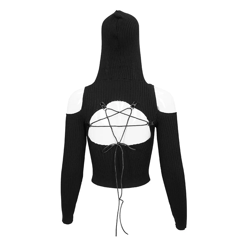Damen Punk Off Shoulder Cutout Gestricktes Langärmliges Crop Top