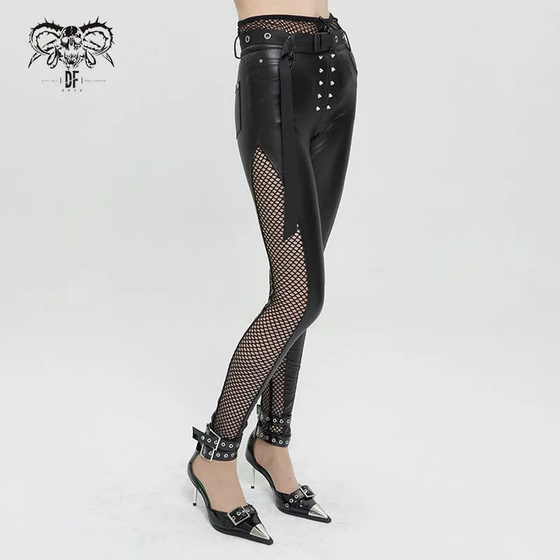 Damen Punk Mesh Splice Nieten Leggings mit Gürtel
