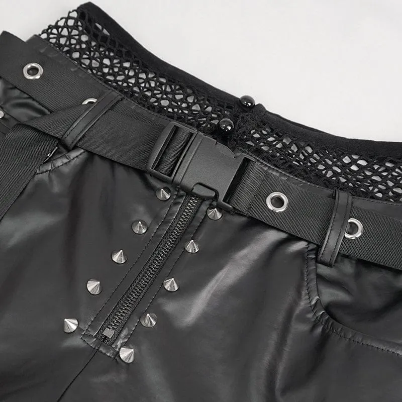Damen Punk Mesh Splice Nieten Leggings mit Gürtel