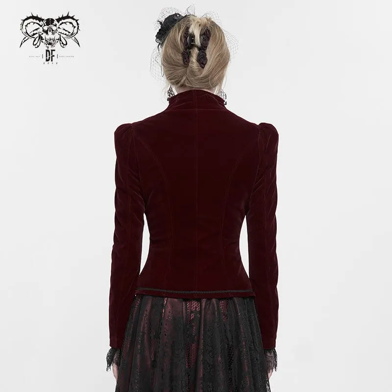 Damen Gothic Stehkragen Floral bestickte Jacke Rot