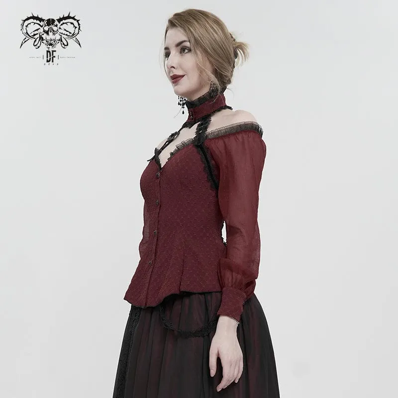 Damen Gothic Riemchen Off Shoulder Neckholder Shirt Rot