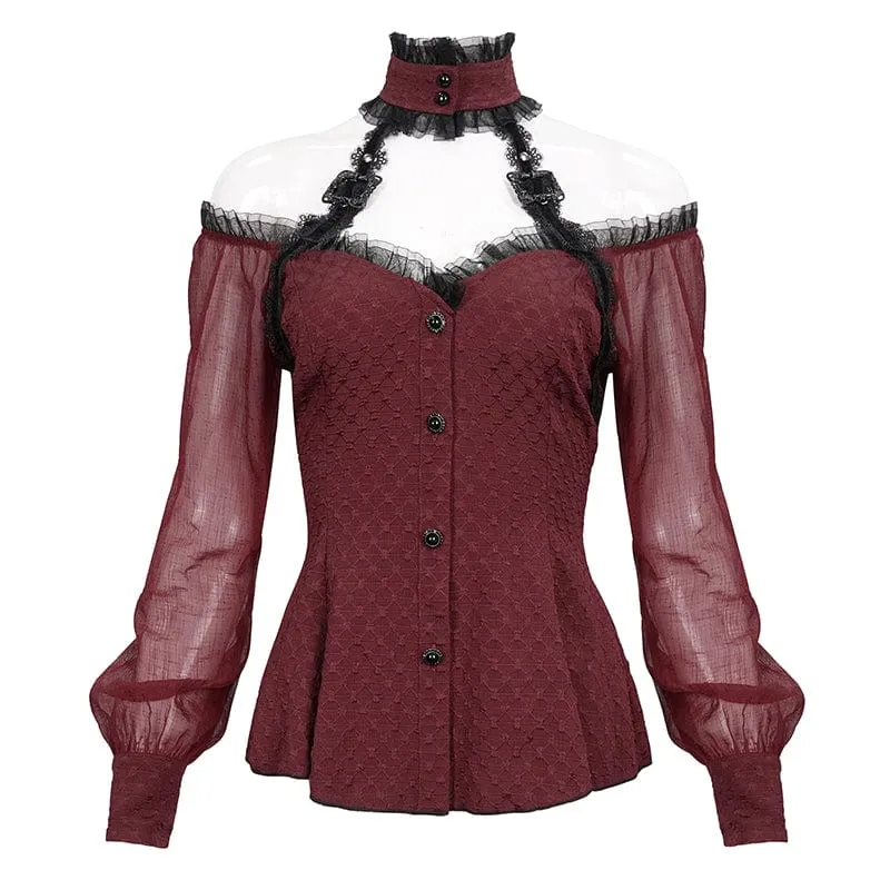 Damen Gothic Riemchen Off Shoulder Neckholder Shirt Rot