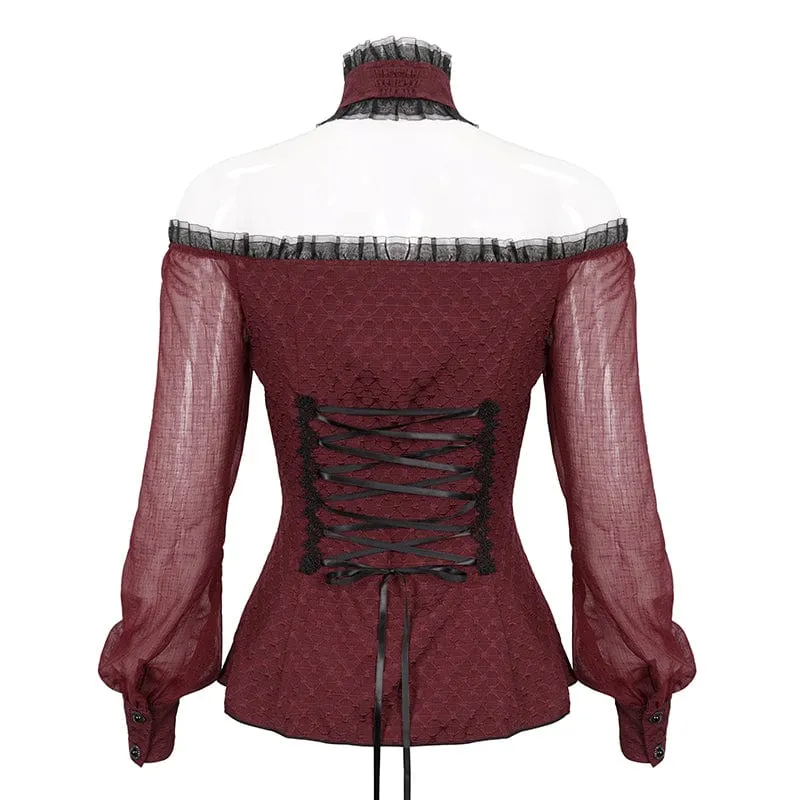 Damen Gothic Riemchen Off Shoulder Neckholder Shirt Rot