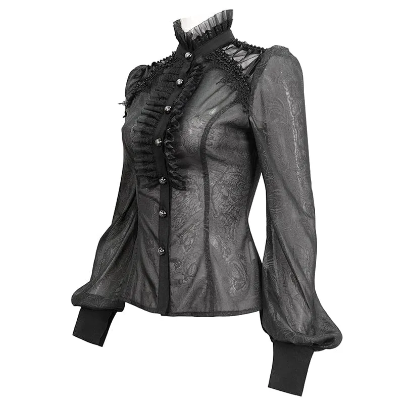 Gothic Riemchen Stehkragen Rüschenhemd für Damen