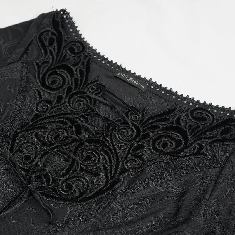 Damen Gothic Riemchen tiefes Blumen besticktes Kleid