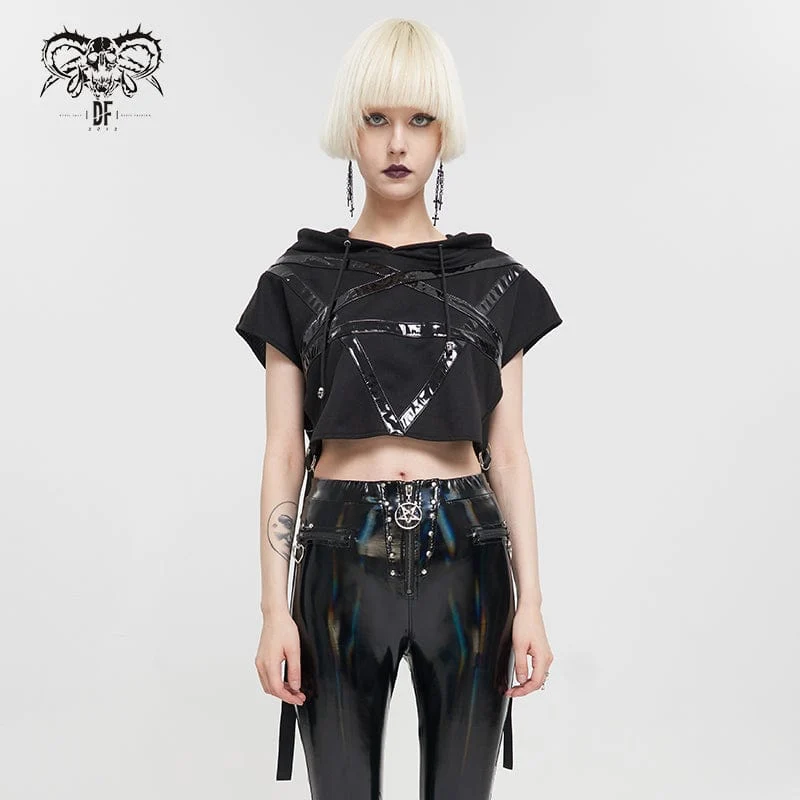 Damen Punk Strap Splice asymmetrisches kurzärmliges Crop Top
