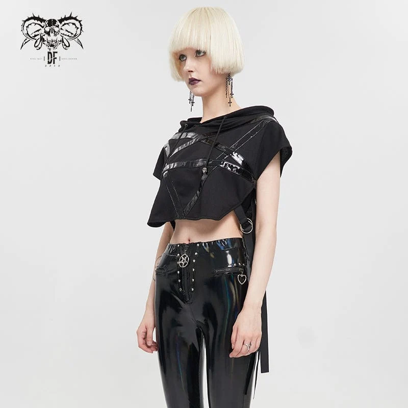 Damen Punk Strap Splice asymmetrisches kurzärmliges Crop Top