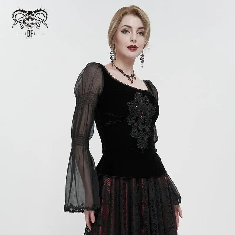 Gothic-Hemd mit ausgestellten Ärmeln und Blumenstickerei für Damen
