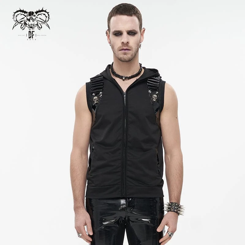 Herren Punk Skull Kunstleder Splice Weste mit Kapuze