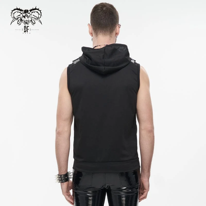 Herren Punk Skull Kunstleder Splice Weste mit Kapuze
