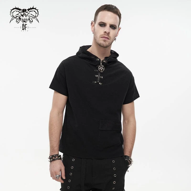 Herren Punk Strappy Mesh Splice Shirt mit Kapuze