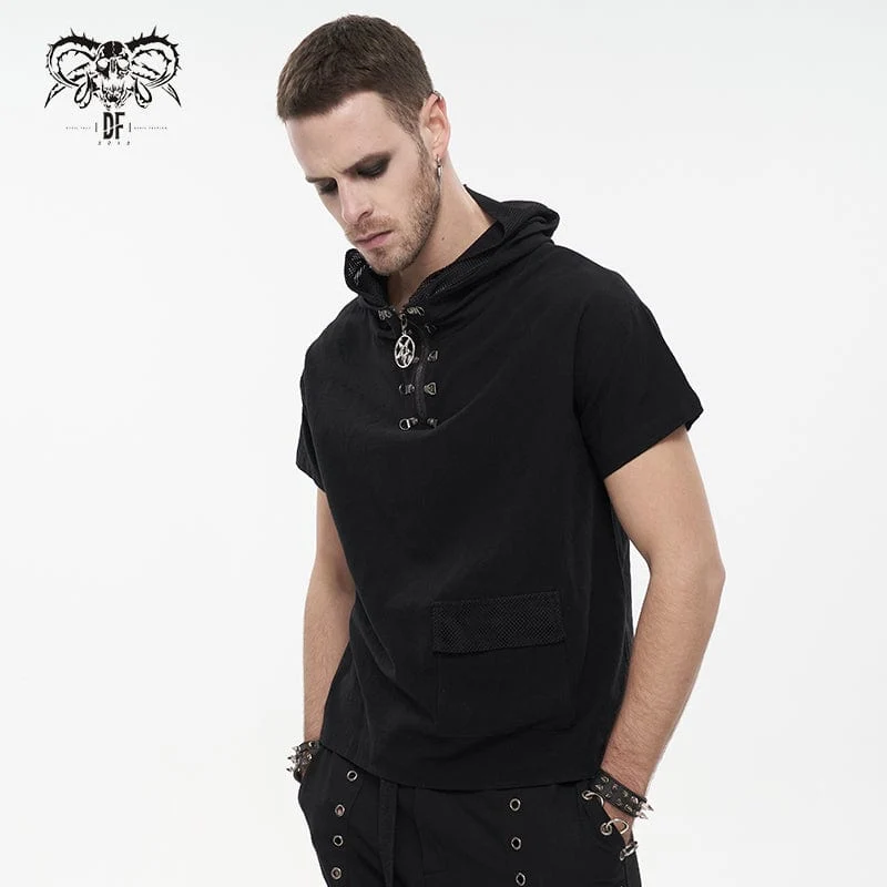 Herren Punk Strappy Mesh Splice Shirt mit Kapuze