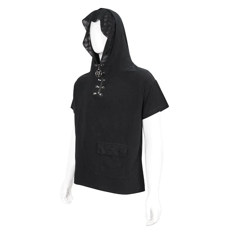 Herren Punk Strappy Mesh Splice Shirt mit Kapuze