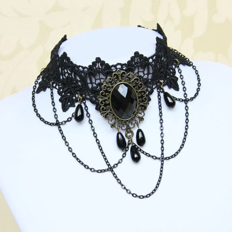 Damen Gothic Diamante Lace Choker mit Kette