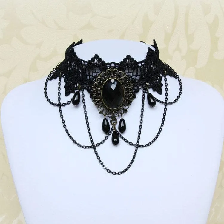 Damen Gothic Diamante Lace Choker mit Kette