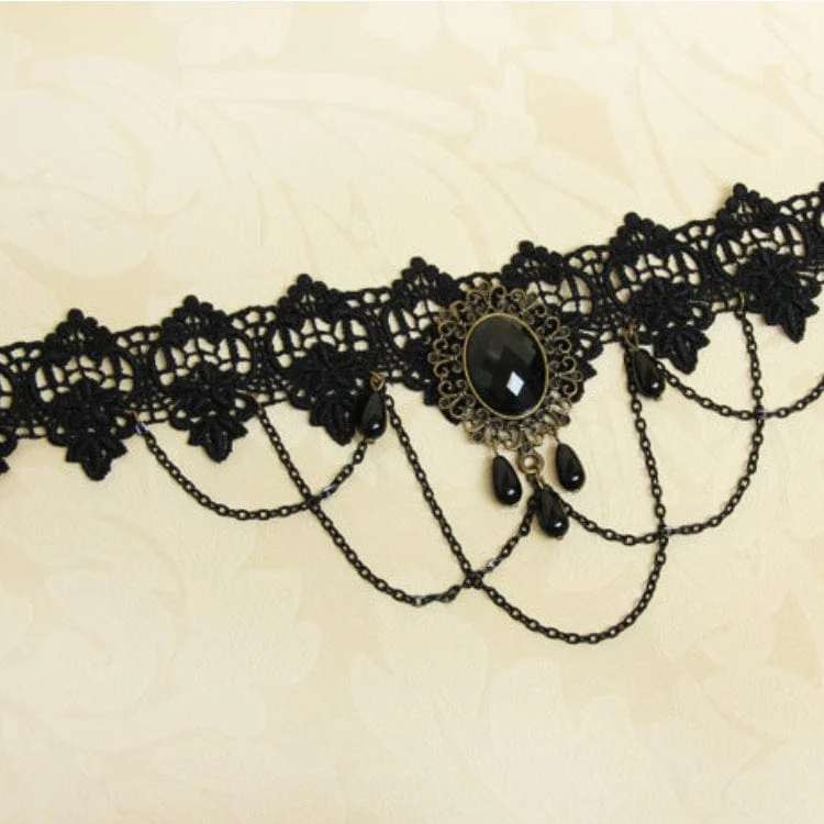 Damen Gothic Diamante Lace Choker mit Kette