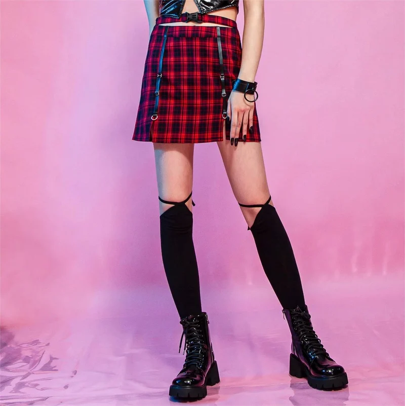 Karierter Rock mit Grunge-Ausschnitt und Schnalle für Damen
