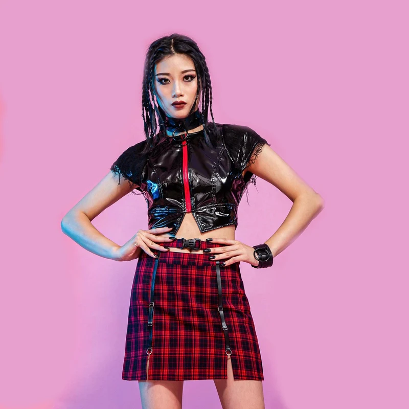 Karierter Rock mit Grunge-Ausschnitt und Schnalle für Damen